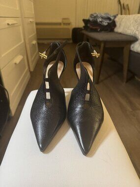 Luz da Lua Black Leather Pointed Toe Cutout Slingback Heels Pumps Size 8